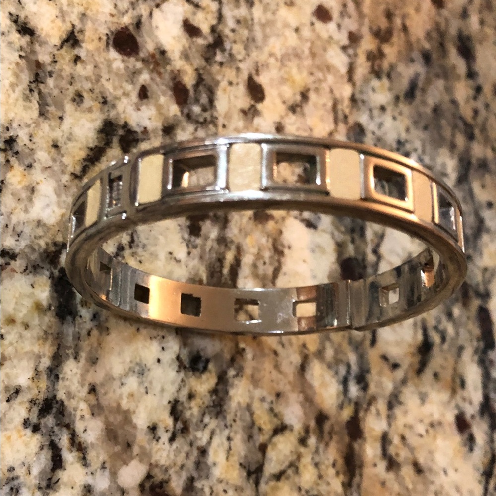 Two-Tone Colorblock Silver Beige Faux Leather Hinge Cuff Bracelet